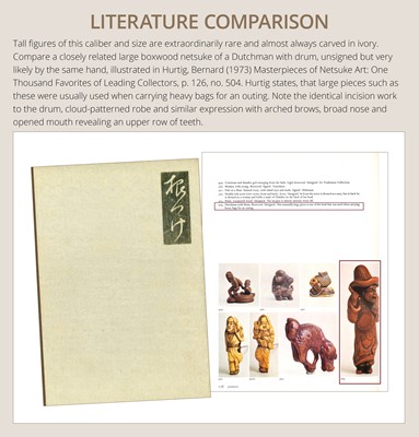 Lot 84 - A TALL AND SUPERB WOOD NETSUKE OF A CHINESE DRUMMER