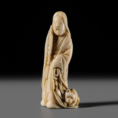 Lot 483 - MASATOSHI: A FINE MARINE IVORY NETSUKE OF ONNA SAN NO MIYA AND CAT