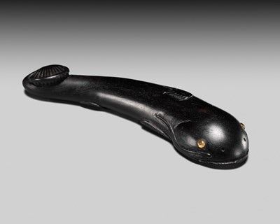 Lot 167 - A LARGE EBONY WOOD NETSUKE OF A NAMAZU