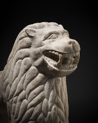 Lot 90 - A LARGE WHITE MARBLE FIGURE OF A GUARDIAN LION, NORTHWESTERN INDIA, 18TH-19TH CENTURY OR EARLIER