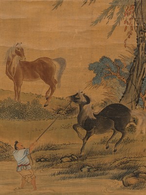 Lot 806 - A SCROLL PAINTING OF BO LE WITH HORSES, AFTER ZHAO MENGFU (1254-1322)