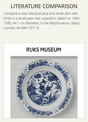 Lot 159 - A LARGE BLUE AND WHITE ‘BIRDS AND PAVILION’ BARBED-RIM CHARGER, LATE JIAJING-EARLY WANLI PERIOD