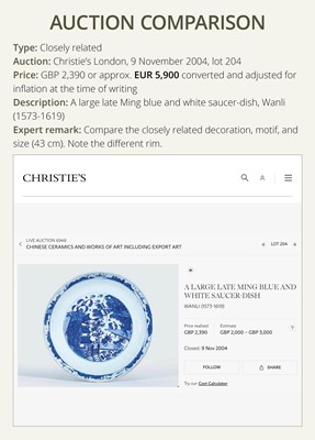 Lot 159 - A LARGE BLUE AND WHITE ‘BIRDS AND PAVILION’ BARBED-RIM CHARGER, LATE JIAJING-EARLY WANLI PERIOD