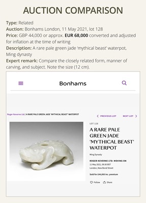 A LARGE AND RARE JADE ‘BIXIE’ WATER POT AND COVER, LATE MING DYNASTY