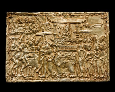 Lot 182 - AN EXCEEDINGLY RARE GOLD REPOUSSÉ VOTIVE PLAQUE, JAVA, CIRCA 10TH-12TH CENTURY