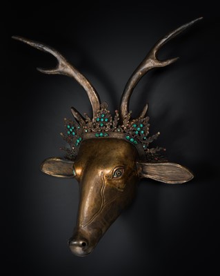 Lot 291 - A GILT-COPPER ALLOY CEREMONIAL ‘STAG’ HEAD, TIBET, 18TH-19TH CENTURY
