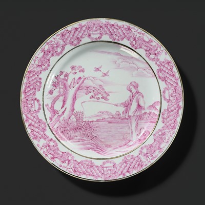 Lot 531 - A PUCE “FISHERMAN” PLATE AFTER ABRAHAM BLOEMAERT, QIANLONG PERIOD