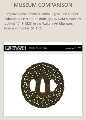 Lot 62 - MITSUHIRO: A HIZEN SCHOOL SENTOKU AND GOLD ‘100 MONKEYS’ TSUBA