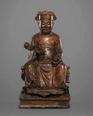 A MING-STYLE POLYCHROME WOOD FIGURE OF AN OFFICIAL, QING DYNASTY