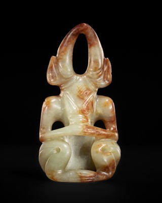 A MAGNIFICENT PALE CELADON AND RUSSET JADE ‘SUN GOD’ PENDANT, LATE NEOLITHIC PERIOD, HONGSHAN CULTURE