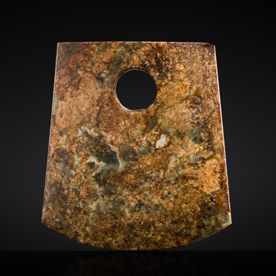 Lot 150 - A LARGE MOTTLED GREEN AND RUSSET JADE AXE, YUE, LATE NEOLITHIC PERIOD, LIANGZHU CULTURE