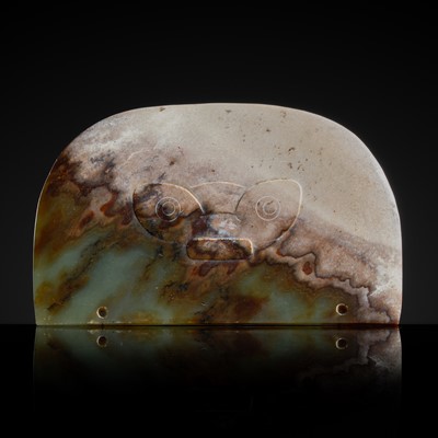 Lot 431 - A GREEN AND BROWN JADE ‘MASK’ PENDANT, NEOLITHIC PERIOD, LIANGZHU CULTURE
