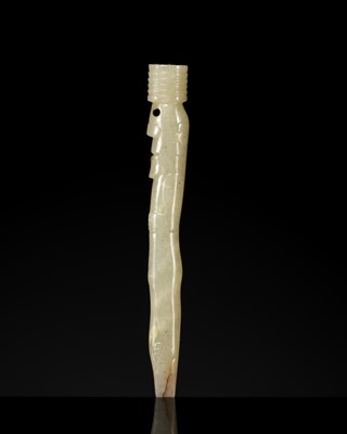 Lot 157 - A RARE PALE CELADON JADE HUMAN-SHAPED HAIRPIN, LATE SHANG TO WESTERN ZHOU DYNASTY