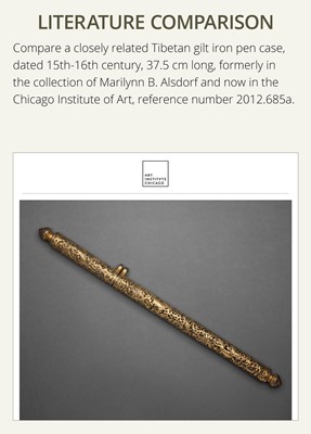 Lot 5 - A RETICULATED GILT-DAMASCENED IRON PEN CASE, TIBET, 15TH-16TH CENTURY