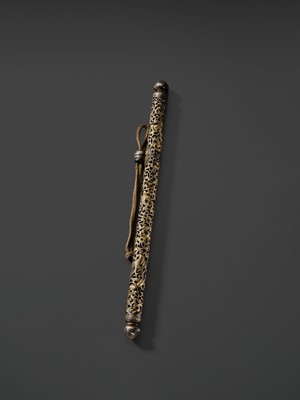 Lot 5 - A RETICULATED GILT-DAMASCENED IRON PEN CASE, TIBET, 15TH-16TH CENTURY