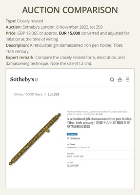 Lot 6 - A FINE RETICULATED GILT-DAMASCENED IRON PEN HOLDER, TIBET, 15TH-16TH CENTURY