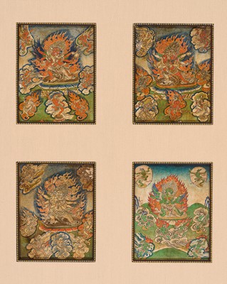 Lot 332 - A GROUP OF FOUR BARDO TSAKLI (INITIATION CARDS) DEPICTING HERUKA DEITIES IN YAB-YUM, TIBET, 19TH CENTURY