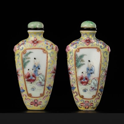 Lot 492 - A PAIR OF GILT AND ENAMELED YELLOW-GROUND PORCELAIN ‘FIVE BOYS’ SNUFF BOTTLES, QIANLONG MARK, 1770-1840