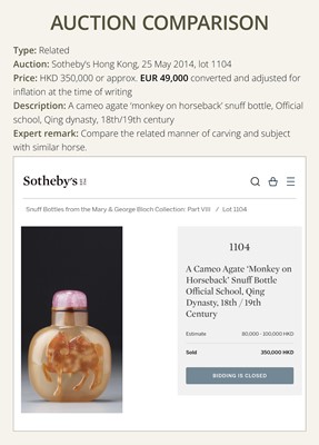 A CAMEO AGATE ‘DEER AND HORSE’ SNUFF BOTTLE, 1750-1850