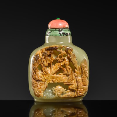 Lot 463 - A YELLOW AND RUSSET ‘FIVE SCHOLARS’ SNUFF BOTTLE, MASTER OF THE ROCKS SCHOOL, 1740-1860
