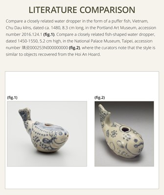 Lot 634 - A RARE BLUE AND WHITE ‘PUFFER FISH’ WATER DROPPER, LÊ DYNASTY, LATE 15TH CENTURY, PROBABLY FROM THE HOI AN HOARD