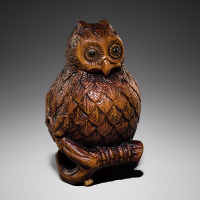 A WOOD NETSUKE OF AN OWL