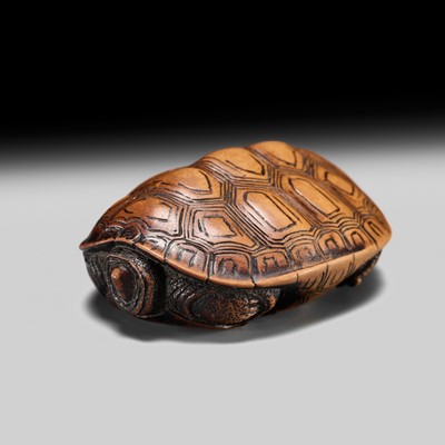 Lot 122 - OKATOMO: A GOOD WOOD NETSUKE OF A TORTOISE
