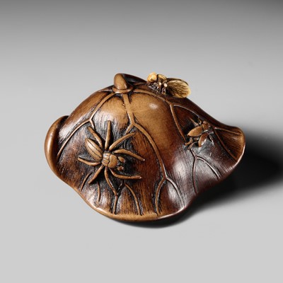 Lot 219 - A FINE WOOD AND IVORY NETSUKE OF A LOTUS LEAF AND INSECTS
