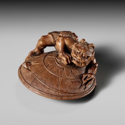Lot 207 - A FINE YAMADA SCHOOL WOOD NETSUKE, PARODY OF SHOKI AND ONI
