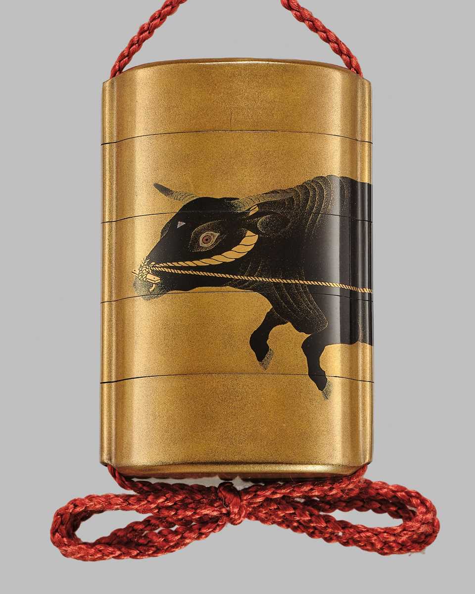 Lot 18 - SHIOMI MASANARI: A SUPERB FOUR-CASE GOLD LACQUER INRO WITH A HERDSBOY AND OX