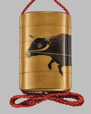 Lot 18 - SHIOMI MASANARI: A SUPERB FOUR-CASE GOLD LACQUER INRO WITH A HERDSBOY AND OX