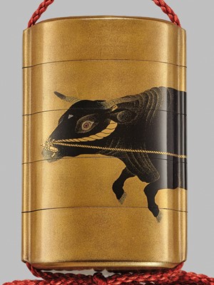 Lot 18 - SHIOMI MASANARI: A SUPERB FOUR-CASE GOLD LACQUER INRO WITH A HERDSBOY AND OX