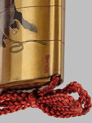 Lot 18 - SHIOMI MASANARI: A SUPERB FOUR-CASE GOLD LACQUER INRO WITH A HERDSBOY AND OX