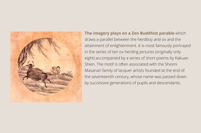 Lot 18 - SHIOMI MASANARI: A SUPERB FOUR-CASE GOLD LACQUER INRO WITH A HERDSBOY AND OX