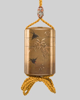 Lot 130 - KOZAN: A FOUR-CASE LACQUER INRO WITH BLOSSOMING WISTERIA AND SWALLOWS