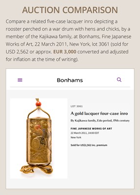 Lot 30 - KAJIKAWA: A FINE FOUR-CASE GOLD LACQUER INRO WITH ROOSTER, DRUM, AND IVY (TSUTA NI NIWATORI TO TAIKO)
