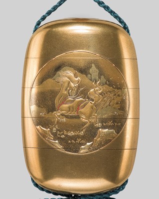 Lot 28 - KORYU: A FINE FOUR-CASE GOLD LACQUER INRO WITH A KIRIN AND HO-O