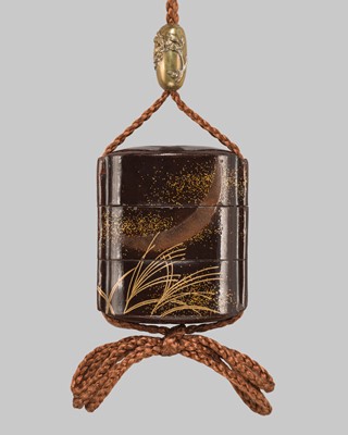 Lot 131 - A SMALL TWO-CASE LACQUER INRO WITH A CRESCENT MOON OVER AUTUMNAL GRASSES