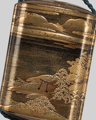Lot 32 - A FINE FOUR-CASE LACQUER INRO WITH A TORII GATE