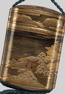Lot 32 - A FINE FOUR-CASE LACQUER INRO WITH A TORII GATE