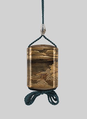 Lot 32 - A FINE FOUR-CASE LACQUER INRO WITH A TORII GATE