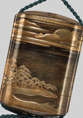 Lot 32 - A FINE FOUR-CASE LACQUER INRO WITH A TORII GATE