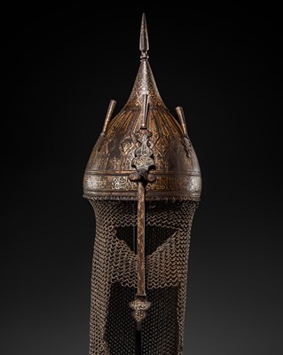 Lot 196 - A QAJAR GOLD-DAMASCENED STEEL HELMET, KHULA KHUD, PERSIA, 19TH CENTURY