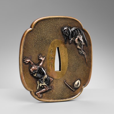 Lot 85 - OKAWA TEIKAN: A SUPERB SENTOKU AND SHAKUDO TSUBA DEPICTING A YUREI (GHOST)
