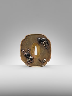 Lot 85 - OKAWA TEIKAN: A SUPERB SENTOKU AND SHAKUDO TSUBA DEPICTING A YUREI (GHOST)
