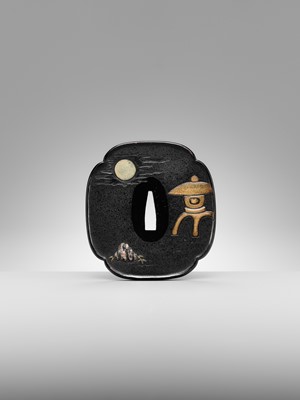 Lot 85 - OKAWA TEIKAN: A SUPERB SENTOKU AND SHAKUDO TSUBA DEPICTING A YUREI (GHOST)