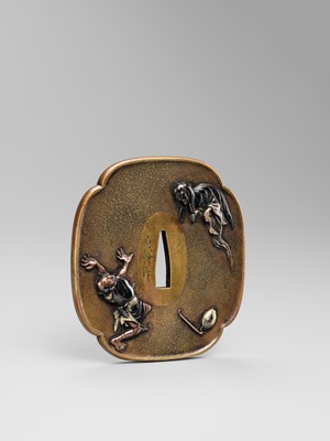Lot 85 - OKAWA TEIKAN: A SUPERB SENTOKU AND SHAKUDO TSUBA DEPICTING A YUREI (GHOST)