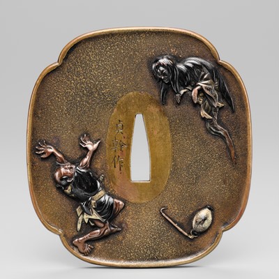 Lot 85 - OKAWA TEIKAN: A SUPERB SENTOKU AND SHAKUDO TSUBA DEPICTING A YUREI (GHOST)