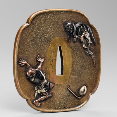 Lot 85 - OKAWA TEIKAN: A SUPERB SENTOKU AND SHAKUDO TSUBA DEPICTING A YUREI (GHOST)