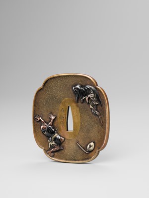Lot 85 - OKAWA TEIKAN: A SUPERB SENTOKU AND SHAKUDO TSUBA DEPICTING A YUREI (GHOST)